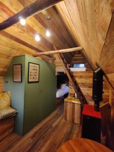 ein Zimmer mit einer grünen Wand in einer Hütte in der Unterkunft Glasson Glamping Farm in Athlone