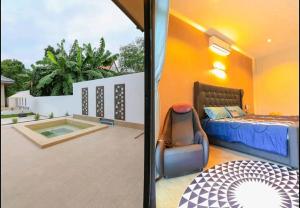 two pictures of a bedroom with a bed and a chair at Modern Villa Club House Hua Hin 18 私家SPA池独栋别墅 in Hua Hin