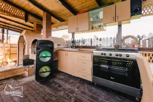 a kitchen with an oven and a stove at Riverside • cabine in Gălăuţaş