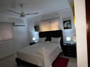 ein Schlafzimmer mit einem Bett, zwei Lampen und einer Decke in der Unterkunft Apartamento entero Tu Nido De Amor 2 Santo Domingo oeste in Santo Domingo