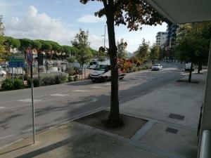 eine Straße mit Autos, die eine Straße mit einem Baum entlang fahren in der Unterkunft Residence Aprilia in Grado