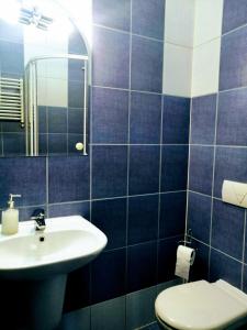 baño de azulejos azules con lavabo y aseo en Szczecińskie Centrum Tenisowe, en Szczecin