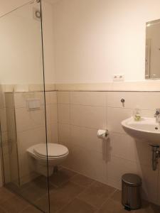 een badkamer met een toilet en een wastafel bij Schönes Souterrain Apartment in Falkensee in Falkensee