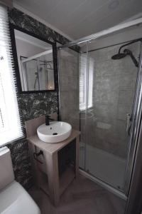 uma casa de banho com um lavatório e um chuveiro em 2 Bedroom Villa - Lakeside Holiday Park em Merston