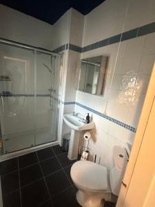 a bathroom with a toilet and a sink and a shower at Broomfield Place in Spon End
