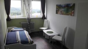 a room with a bed and a chair and two windows at Ferienwohnung Bergwiese in Schwarzenbach am Wald