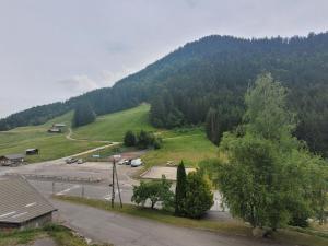 eine Luftansicht auf einen Berg mit einem Parkplatz in der Unterkunft Appartement Le Biot, 2 pièces, 4 personnes - FR-1-573-107 in Le Biot