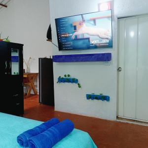 a living room with a tv and a bed with a blue couch at Casa Margarita in Santa Marta