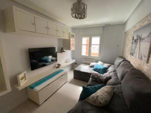 a living room with a couch and a tv at Flowers Family Home in Sopelana