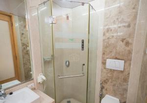 a shower with a glass door in a bathroom at Regent Hotel in Mumbai