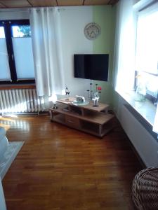 a living room with a television and a wooden floor at Ferienwohnung Straßburg in Sassnitz