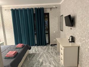 1 dormitorio con 1 cama, TV y escritorio en Отель Гудоу, en Gudauta