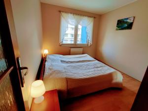 コウォブジェクにあるApartamenty-Plaza Kołobrzegの小さなベッドルーム(ベッド1台、窓付)