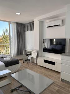 Habitación de hotel con cama y TV grande en Lux Studio Nerja, en Nerja