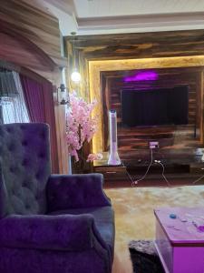 salon z fioletowym krzesłem i telewizorem w obiekcie Kshetra Manipal w mieście Manipala