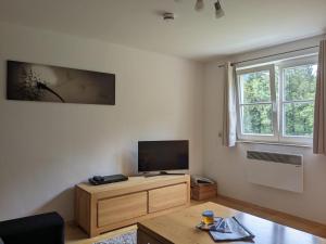 a living room with a flat screen tv and a table at Haus 1 Hanselishof - 2 Wohnungen in Schenkenzell