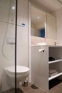 a white bathroom with a toilet and a mirror at Classy Studio near Thermal Spa in Vienna