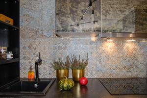 a kitchen counter with two vases with plants on it at Maya's Flats & Resorts 34 - Chmielna 73 in Gdańsk