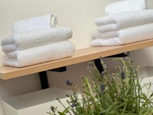 a stack of towels on a shelf in a bathroom at Ferienwohnung Kohl - Dachlmoos in Bischofswiesen +13 photos