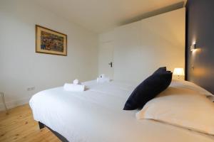 ein Schlafzimmer mit einem großen weißen Bett mit einem schwarzen Kissen in der Unterkunft Le Boudoir bleu - 2 chambres in Annecy