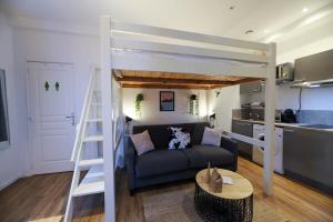 uma sala de estar com um sofá e uma cama alta em Le Petit Plus - studio confortable avec parking em Annecy