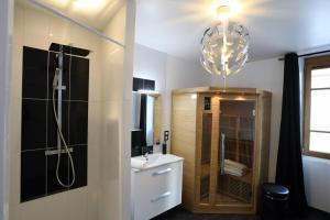 y baño con ducha, lavabo y lámpara de araña. en 2 bd apartment with sauna in the center of Annecy, en Annecy