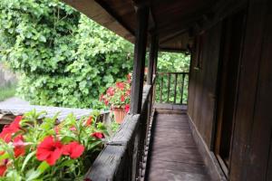 un porche de madera con flores y plantas rojas en Bonito Apartamento Rural, Wifi, terraza y piscina en Navelgas, en Tineo
