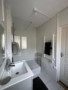 ein weißes Bad mit einem Waschbecken und einer Dusche in der Unterkunft François Mitterrand 2 in Elbeuf
