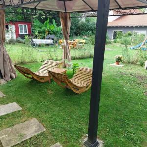 dos hamacas sentadas bajo un paraguas en un patio en Ferienwohnung Lehmann, en Staufen