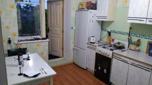 a kitchen with a stove and a white refrigerator at Дом-House в Vadul lui Voda in Vadul lui Vodă