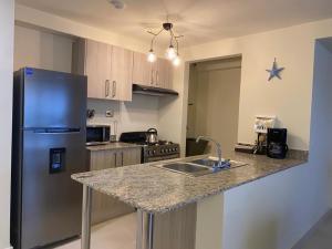 a kitchen with a stainless steel refrigerator and a sink at Vista al mar 303 in ArraijÃ¡n