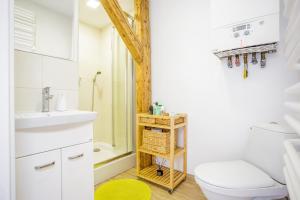 een badkamer met een toilet, een wastafel en een douche bij Wygodne pokoje w Gliwicach in Gliwice