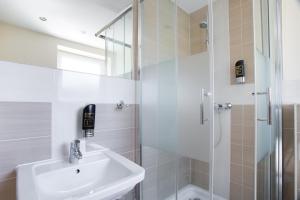 La salle de bains est pourvue d'un lavabo et d'une douche. dans l'établissement Hotel & Restaurant Wiggers, à Bad Oldesloe