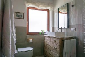 a bathroom with a toilet and a sink and a window at Servus O´gau Apartments in Oberammergau