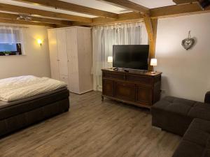 a bedroom with a bed and a flat screen tv at Ferienwohnung "Am Mittag" in Blaichach