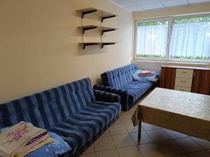 ein Wohnzimmer mit 2 blauen Sofas und einem Tisch in der Unterkunft Hostel WELINEK gratis parking in Stęszew