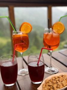 four drinks in glasses sitting on a wooden table at Vaio Resort in Keda in Vaio