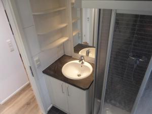 a bathroom with a sink and a shower at Vakantiepark Camping de Peelpoort in Heusden