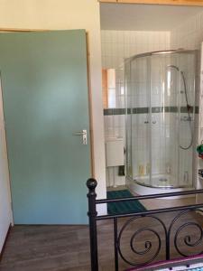 een badkamer met een douche en een glazen deur bij Aan de Dijk in Dordrecht