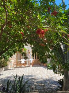a garden with a table and chairs under a tree at Mani Spot -cereus in Areopoli +40 photos