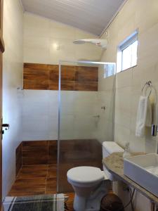 a bathroom with a shower and a toilet and a sink at Pouso Divino dos Pireneus in Pirenópolis