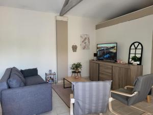 a living room with a couch and a tv at Maison au calme Avignon - Clim - Wi-Fi in Avignon