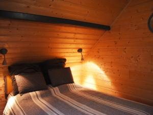 1 dormitorio con 1 cama en una habitación de madera en Chalet Saint-François-Longchamp, 7 pièces, 12 personnes - FR-1-635-112 en Saint-François-Longchamp