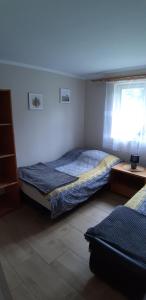 a bedroom with two twin beds and a window at Apartamenty u Rudej in Olszanica