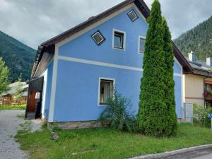 a blue house with a tree in front of it at Mariazell Salza Haus in Gusswerk