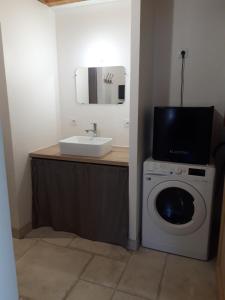 uma casa de banho com um lavatório e uma máquina de lavar roupa em CHALET AULIAN em Grust