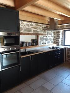 uma cozinha com electrodomésticos pretos e uma parede de pedra em CHALET AULIAN em Grust