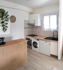 a kitchen with a washing machine and a sink at Appartement 2 chambres parking Port Fréjus Base Nature in Fréjus