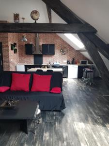 a living room with a black couch and red pillows at Cosy Lodg in Bourogne