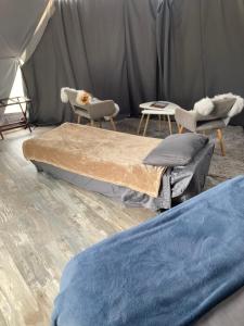 蒙蒂塞洛的住宿－Blue Mountain Domes - The WOW Experience，帐篷内的房间,配有两张床和椅子